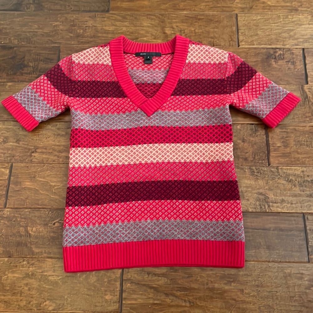Marc Jacobs Black Label Wool Tunic Sweater V Neck Striped SZ S Short Sleeved